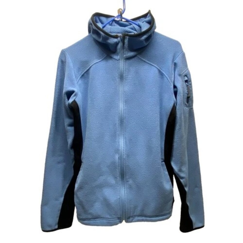 Columbia Full Zip Hooded Fleece Jacket Women's Large Light Blue Color-block Read